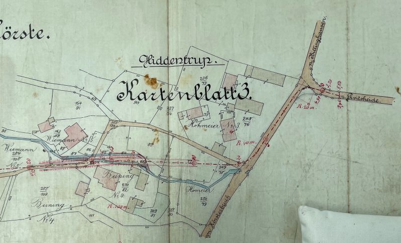 Datei:Hiddentrup Gebäugegrundrisse und neue Straßentrassierung 1913.jpg